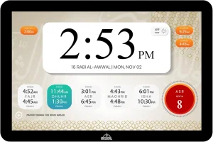 Masjid prayer time display with clock, Athan timings, and Islamic date.